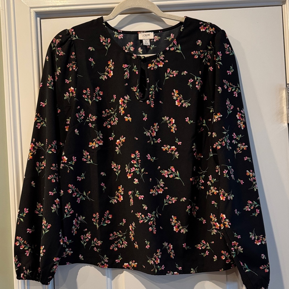 J. Crew Factory Black Floral Keyhole Blouse with Pink & Green Accents